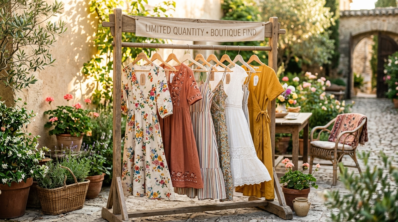 Rustic wooden clothing rack with unique dresses